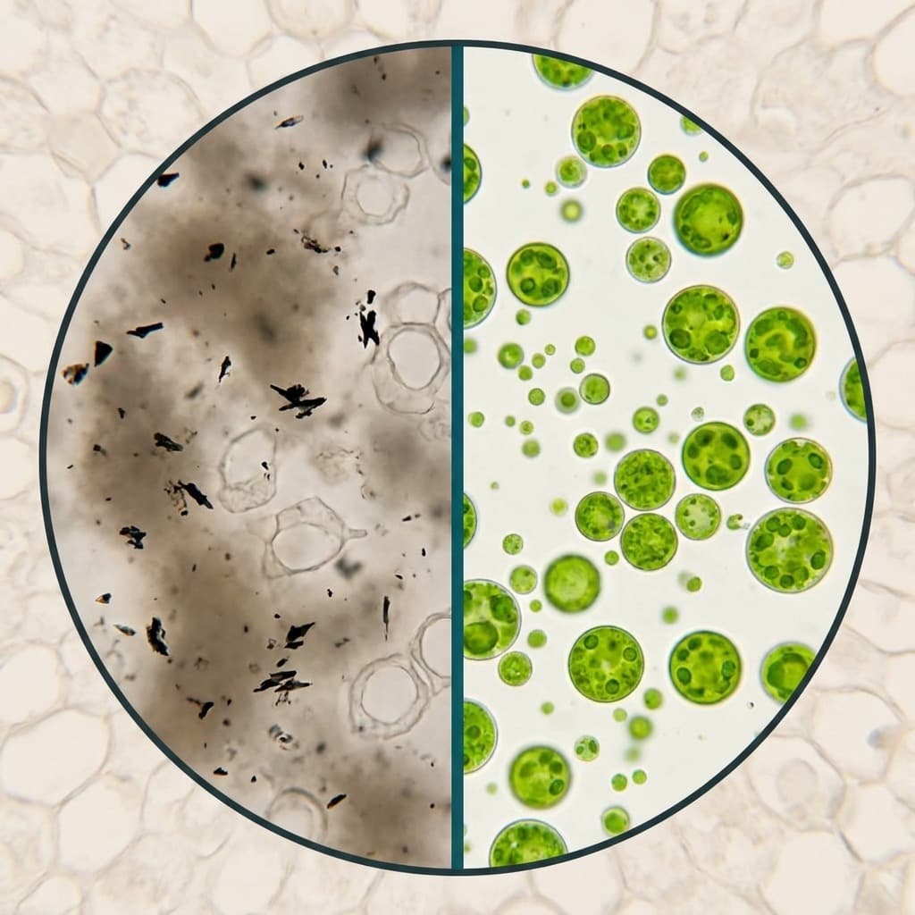 Microscopy comparison — depleted control cells versus vibrant Death by Tea matcha cells