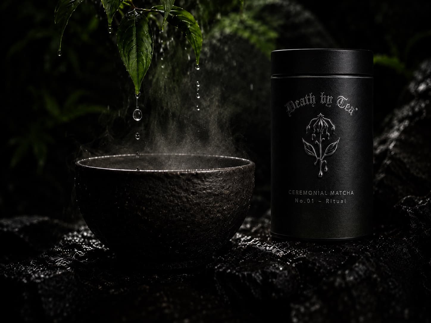 Death by Tea tin beside a bowl collecting drops of clean water