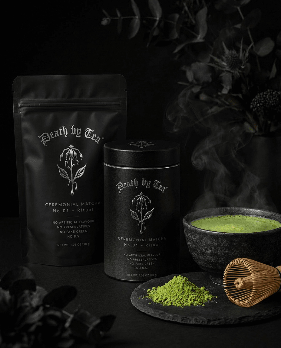 Death by Tea ceremonial matcha ritual kit — tin, pouch, bowl, and whisk
