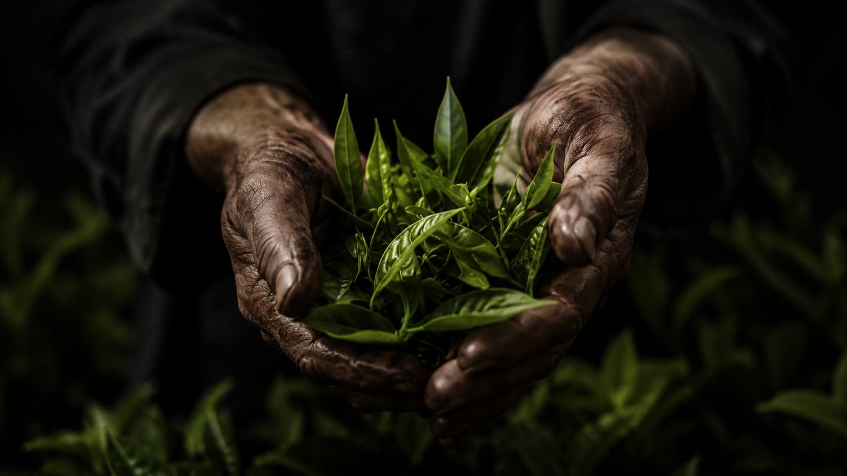 Hands holding fresh matcha leaves for the Death by Tea documentary